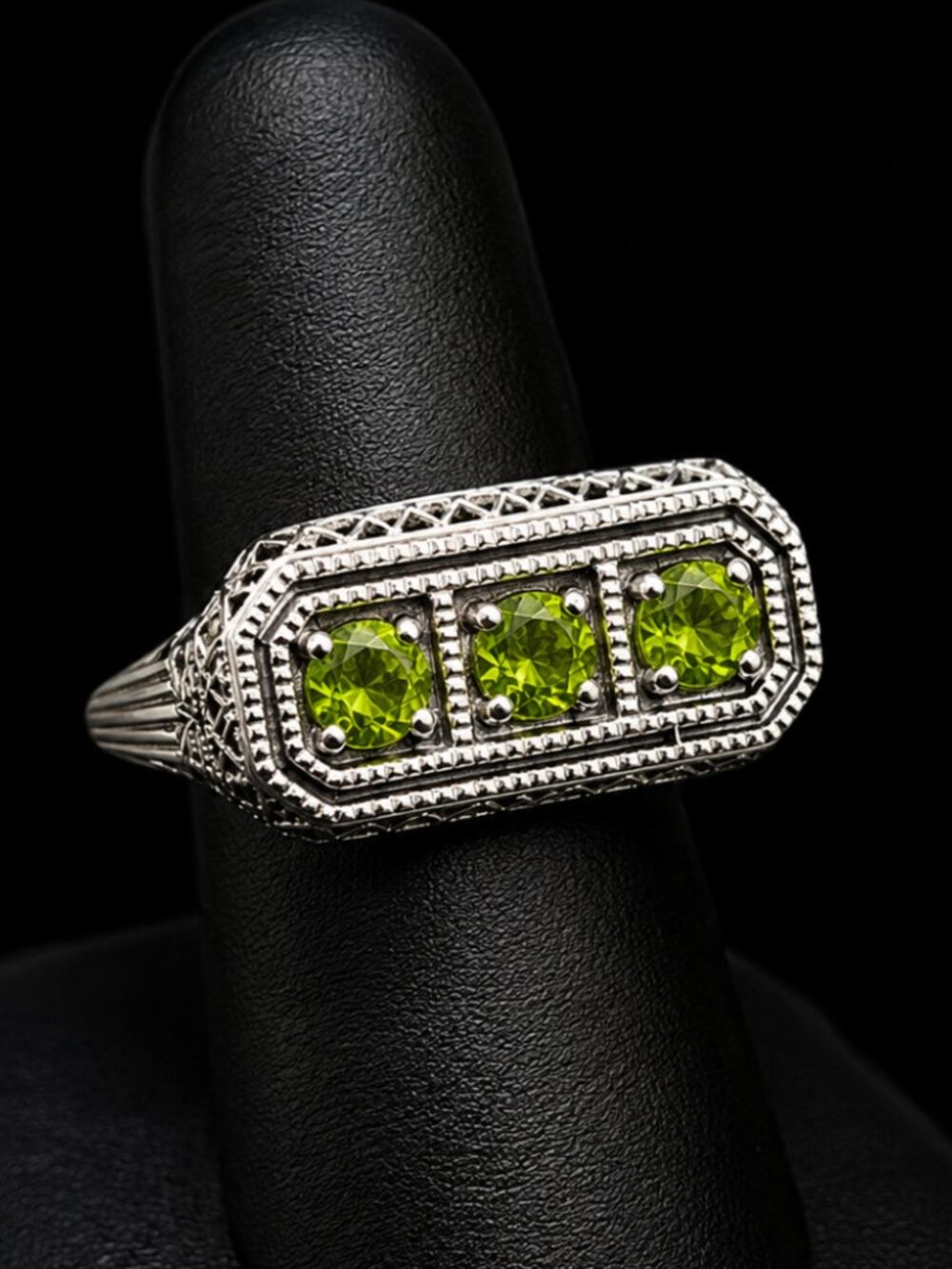 Vintage Sterling Silver and Green Peridot Three-Stone Ring 925 in Gift Box